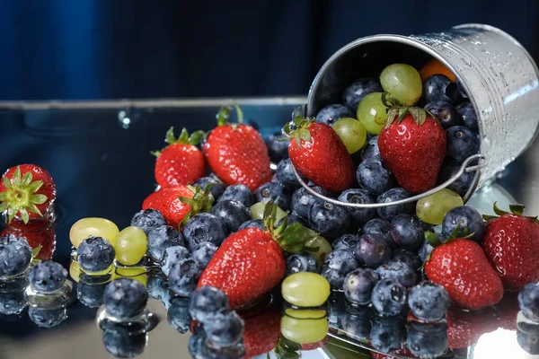 Fruit Salad Close Falling Metal Bucket Strawberry Grape Blueberry Multivitamin — Stock Photo, Image