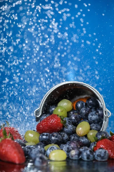 Fruit Salad Close Falling Metal Bucket Strawberry Grape Blueberry Multivitamin — Stock Photo, Image