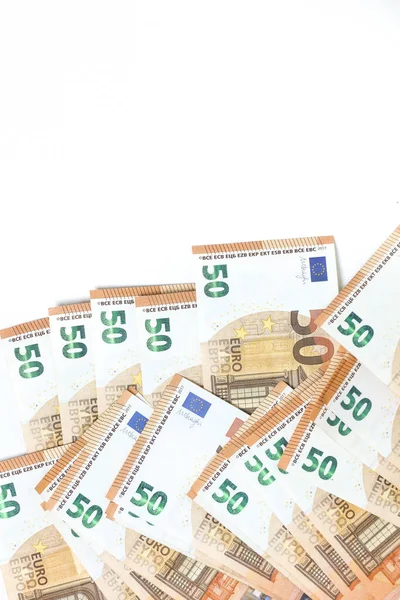 Hromada Eurobankovek Izolovaných Bílém Pozadí Finanční Krize Kupní Síla Peněz — Stock fotografie