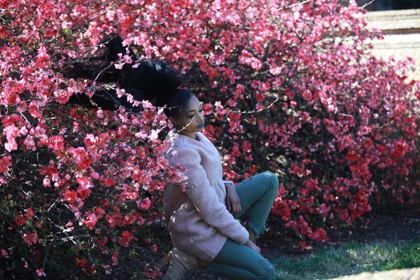 Stylowy kobieta stwarzających w pobliżu drzewa sakura — Zdjęcie stockowe