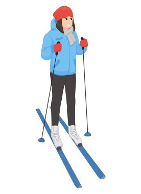 Genç animasyon kız kayaklar maliyetlerinde. Kış spor. Vektör çizim