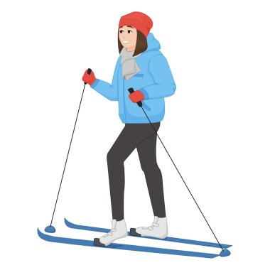 Genç animasyon kız kayaklar. Kış spor. Vektör çizim