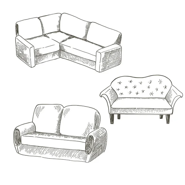 Satu set vektor perabotan pada latar belakang putih. Berbagai jenis sofa untuk dekorasi interior - Stok Vektor