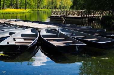 Tekne Park City'de iskelede. Bir göl ile yaz Park. Ahşap kürekli gemi geldi.