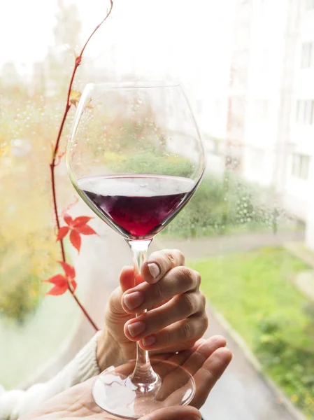 Una copa de vino tinto en el fondo de la ventana lluviosa . — Foto de Stock