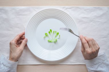 Genç salata bir plaka üzerinde. Mizahi bir diyet kavramı.