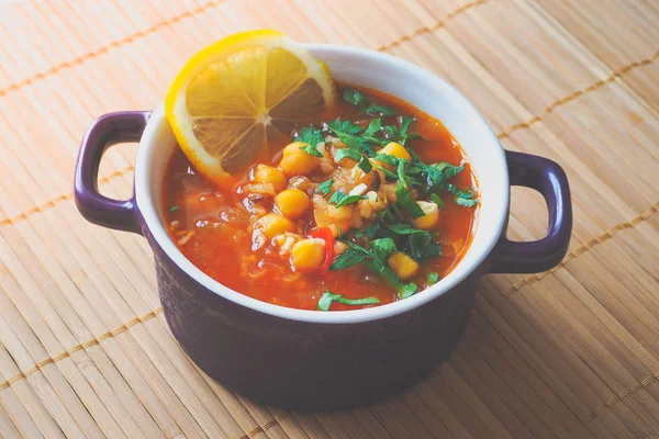 Tomatensuppe Mit Kichererbsen Und Gemüse Arabische Küche Fast Food Ramadan — Stockfoto