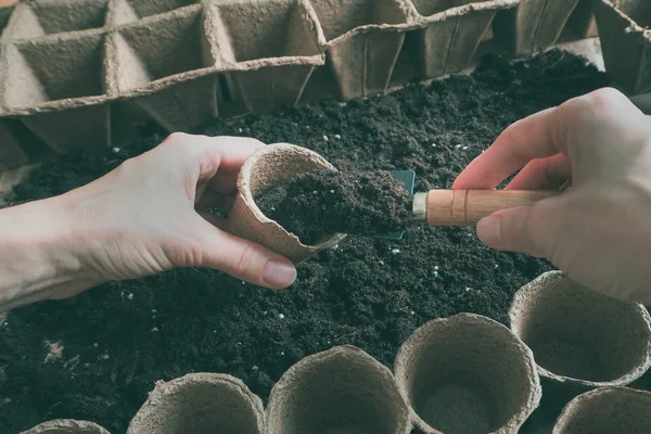 Fondo Con Macetas Turba Suelo Trabajos Plantación Primavera Plantando Semillas —  Fotos de Stock