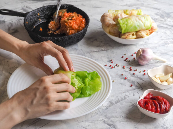 cabbage rolls stuffed with meat and vegetables. 