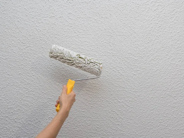 Rodillo con pintura blanca contra una pared de luz . — Foto de Stock