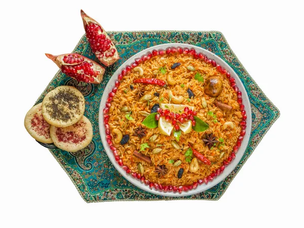 Isolated vegetarian Kabsa with rice, nuts and vegetables — Stock Photo, Image