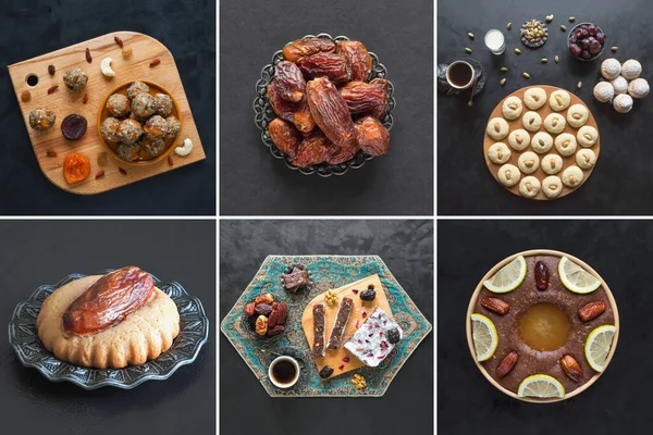 Food collage with various Arabic sweets made from ripe dates on a black background