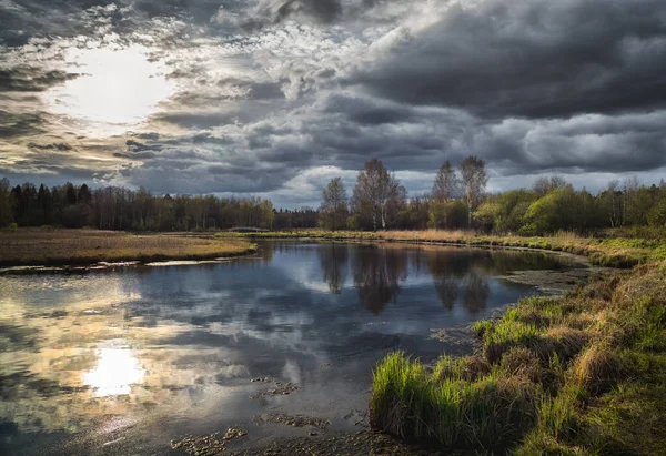 Russisk vårlandskap med sol og refleksjoner av trær i sjøen – stockfoto