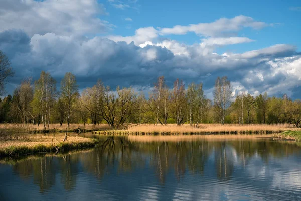 Russisch voorjaarslandschap met reflecties van bomen in het meer — Stockfoto