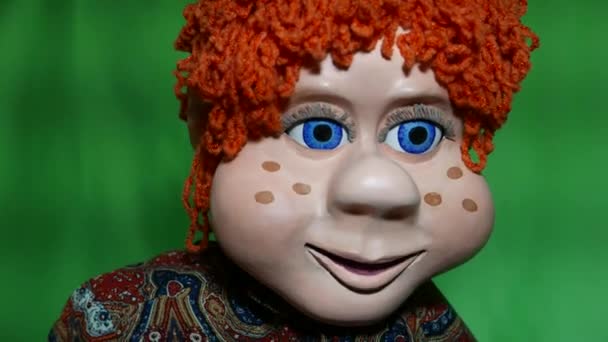 Doll young guy is a TV show. Fairytale character with orange curly hair Blue eyes and a fantastic charismatic appearance. It tells story or carrying on a conversation with audience. Large eyelashes. — Stock Video