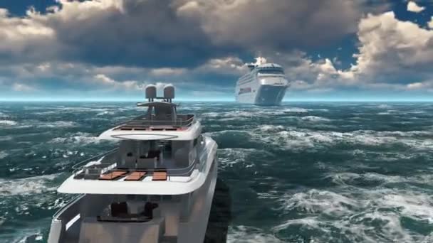 Cruiseschip met de meisjes op de achtersteven. 3D rendering driedimensionale graphics. — Stockvideo