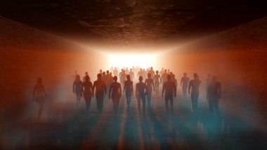 People go to light in orange violet ash fog. In long tunnel. Crowd is moving into the distance. Throng goes in one direction.Mysterious world. Way to paradise. Lens Effect tilt shift. 3D rendering