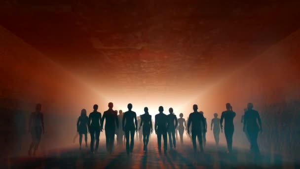 Gente Sale Luz Niebla Ceniza Violeta Naranja Túnel Largo Multitud — Vídeos de Stock