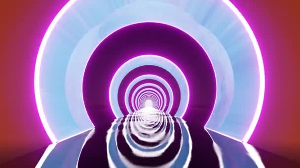 Fantastyczna Droga Portalami Neonowe Światło Emituje Kręgi Błyszcząca Powierzchnia Ścieżki — Wideo stockowe