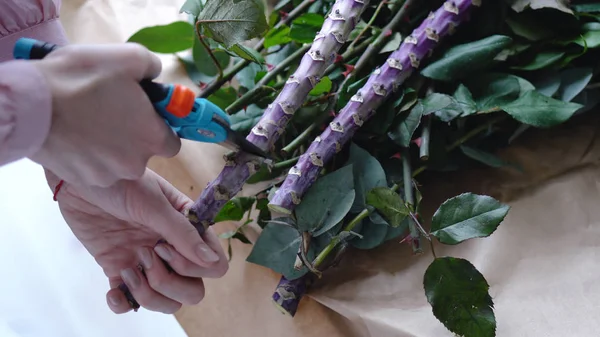 Florist skär bort överflödig stor gren av exotiska blomma med en Beskäraren fortfarande — Stockfoto