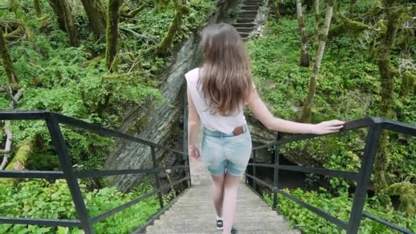 Blick von hinten: das Mädchen steigt die Treppe im Regenwald hinunter — Stockvideo