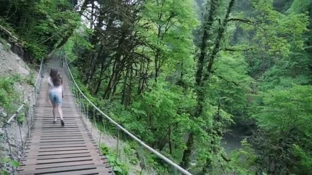 女孩在山上的森林里的一座桥上走着。 — 图库视频影像