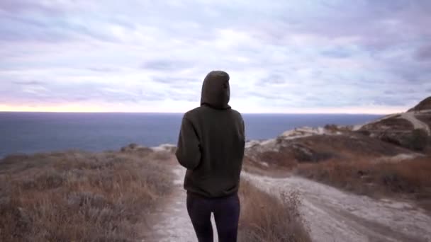 Disparo de rastreo trasero: una joven que trota y boxea. Entrenamiento en la naturaleza - una caja de prácticas de chica mientras se ejecuta — Vídeo de stock