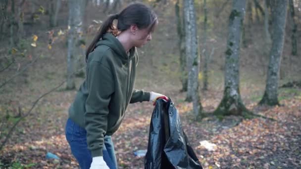 A young beautiful woman collects a plastic in the autumn forest. Activist with black garbage bag in nature in the park — 비디오