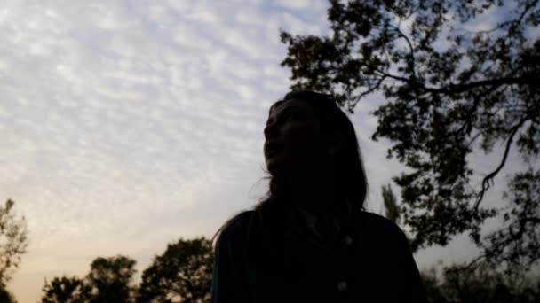 La silueta de una mujer en el parque sobre el fondo de los árboles y el hermoso cielo nublado. Otoño cálido en Rusia — Vídeos de Stock