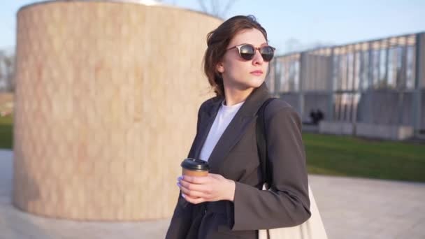 Una hermosa mujer caucásica camina en el parque con una bolsa ecológica de algodón de color beige al atardecer. Materiales reutilizables, vida sin plástico — Vídeos de Stock