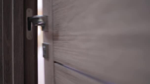 Mujer joven abre la puerta y entra en la habitación. La mano femenina de primer plano abre y cierra la puerta — Vídeo de stock