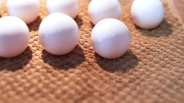 White eggs close-up on a brown towel. Woman washes dirty food before cooking breakfast — Stock Video