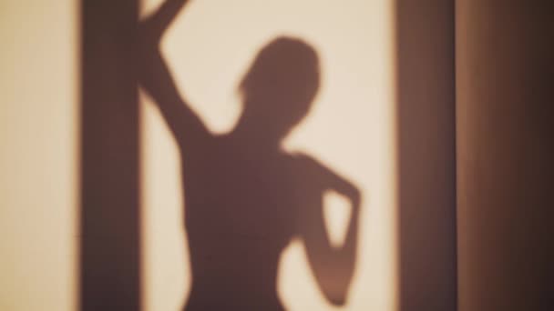 Stín ženy, která cvičí doma za úsvitu. Protahování doma během karantény a sebeizolace — Stock video