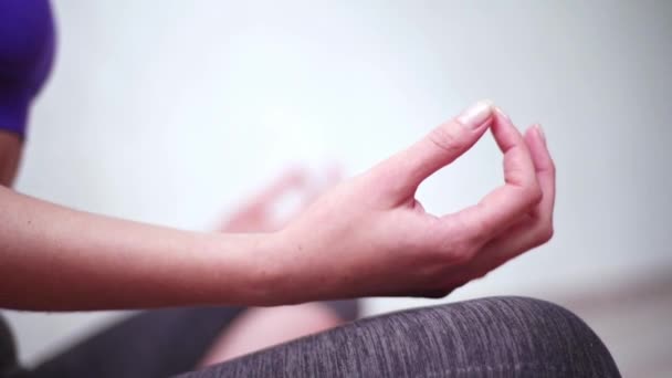 Primer plano zen manos en yoga asanas pose de loto. Jnana Mudra símbolo — Vídeo de stock