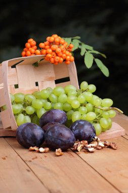 Üzüm, ceviz ve mor Erik penceresinde dağ kül, kavun