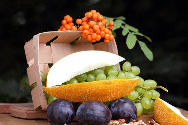 Üzüm, ceviz ve mor Erik penceresinde dağ kül, kavun