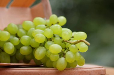 Bir sürü bir pencere üzerinde ahşap sepet içinde Yeşil üzüm