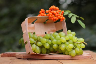 Bir avuç üzüm ve ahşap sepet içinde olgunlaşmış üvez