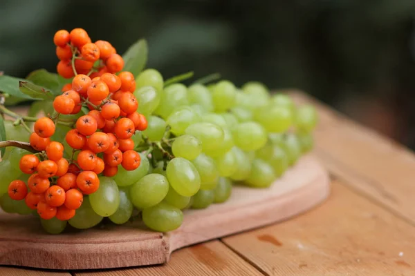 Un grappolo d'uva e un sorbo maturo in un cesto di legno — Foto Stock