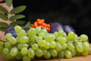 Yeşil üzüm, Erik ve dağ kül ahşap sepet içinde