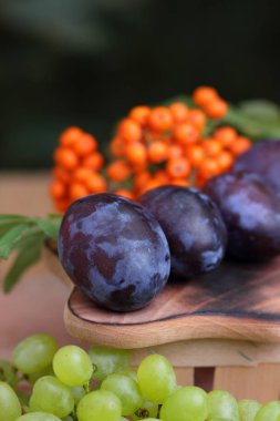 Yeşil üzüm, Erik ve dağ kül ahşap sepet içinde