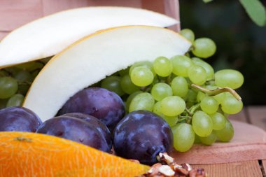 Yeşil üzüm, Erik, üvez, karpuz ve ceviz ahşap arka plan üzerinde