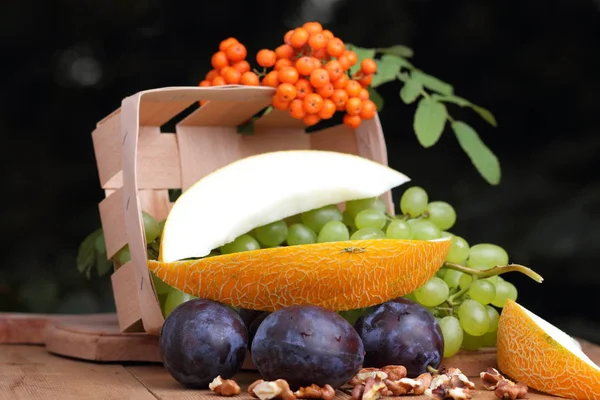 Yeşil üzüm, Erik, üvez, karpuz ve ceviz ahşap arka plan üzerinde