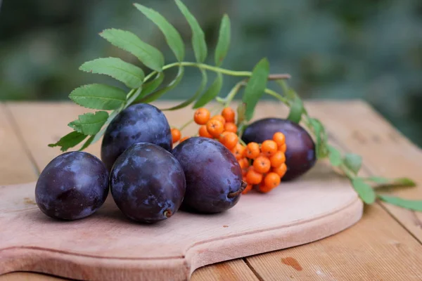 Mavi Erik ve üvez Tasarımcısı ahşap arka plan üzerinde