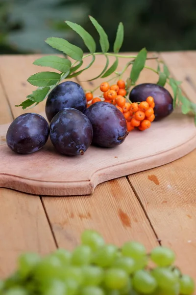 Mavi Erik ve üvez Tasarımcısı ahşap arka plan üzerinde