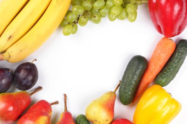 Meyve ve sebzeler üzerinde yazıt Tasarımcısı için bir yer ile beyaz bir arka plan