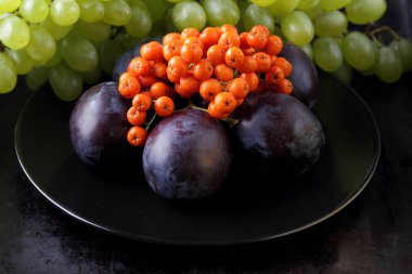 Yeşil üzüm, mavi Erik ve turuncu üvez meyveleri retro tarzı tasarımcısında için siyah bir plaka üzerinde