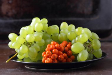 Yeşil üzüm, mavi Erik ve turuncu üvez meyveleri retro tarzı tasarımcısında için siyah bir plaka üzerinde