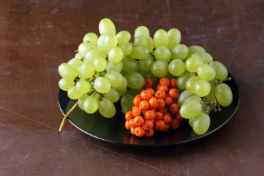 Yeşil üzüm, mavi Erik ve turuncu üvez meyveleri retro tarzı tasarımcısında için siyah bir plaka üzerinde