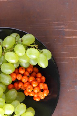Yeşil üzüm, mavi Erik ve turuncu üvez meyveleri retro tarzı tasarımcısında için siyah bir plaka üzerinde
